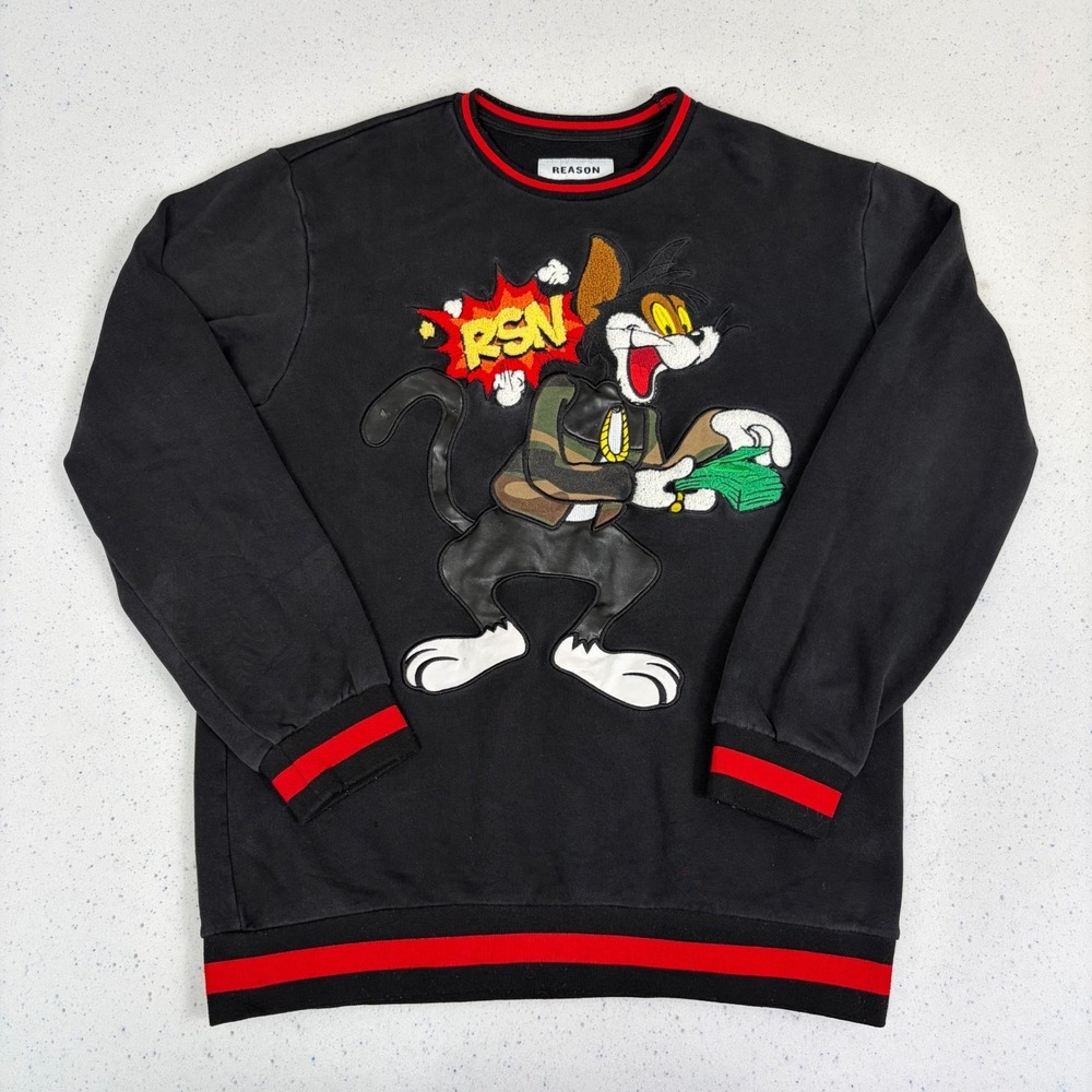 Reason Cartoon Cat Money Crewneck‎ Sweatshirt Black Red Applique L Streetwear